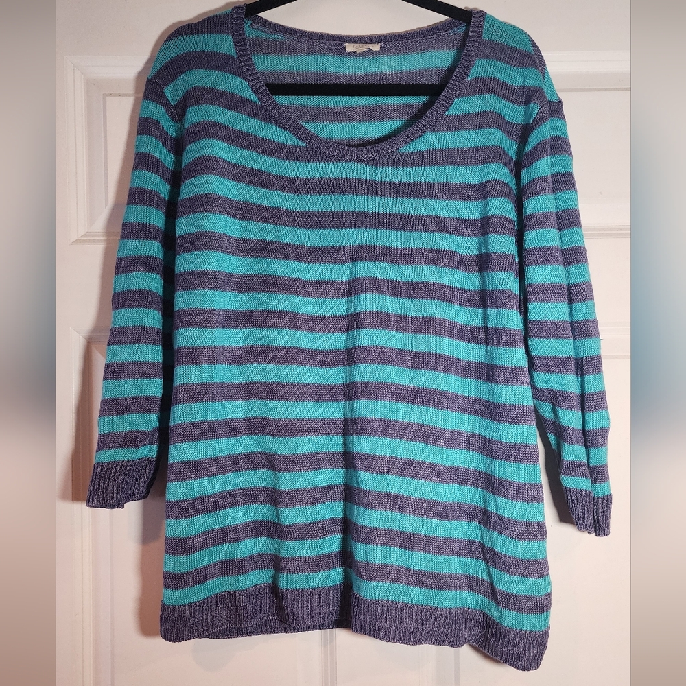 Talbots 100% Linen Blue And Purple Stripe 3/4 Sleeve Sweater